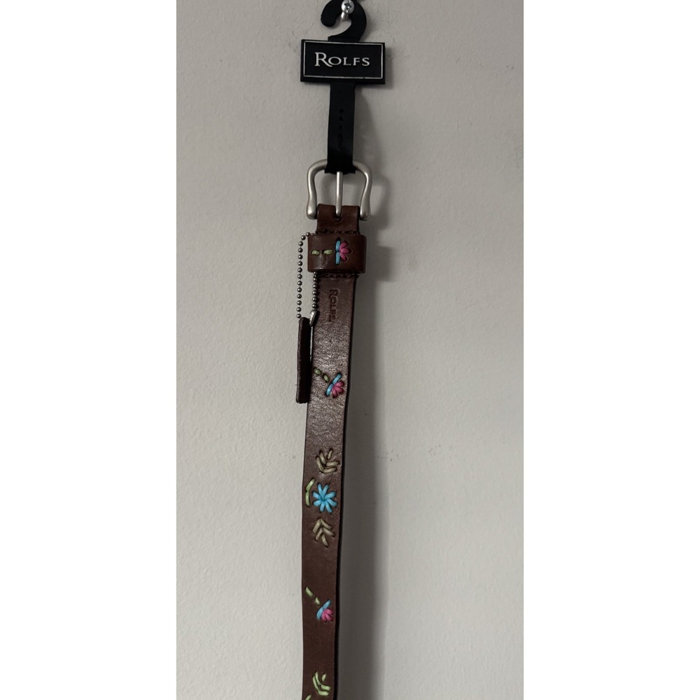Vintage Y2K Rolfs Brown Leather Belt‎ Embroidered Multicolored Flowers Large NWT